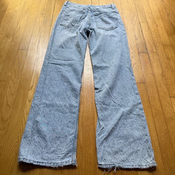 Zara Size 6 Light Wash Denim Rhinestone Embellished Distressed Wide Leg Jeans - Picture 16 of 16